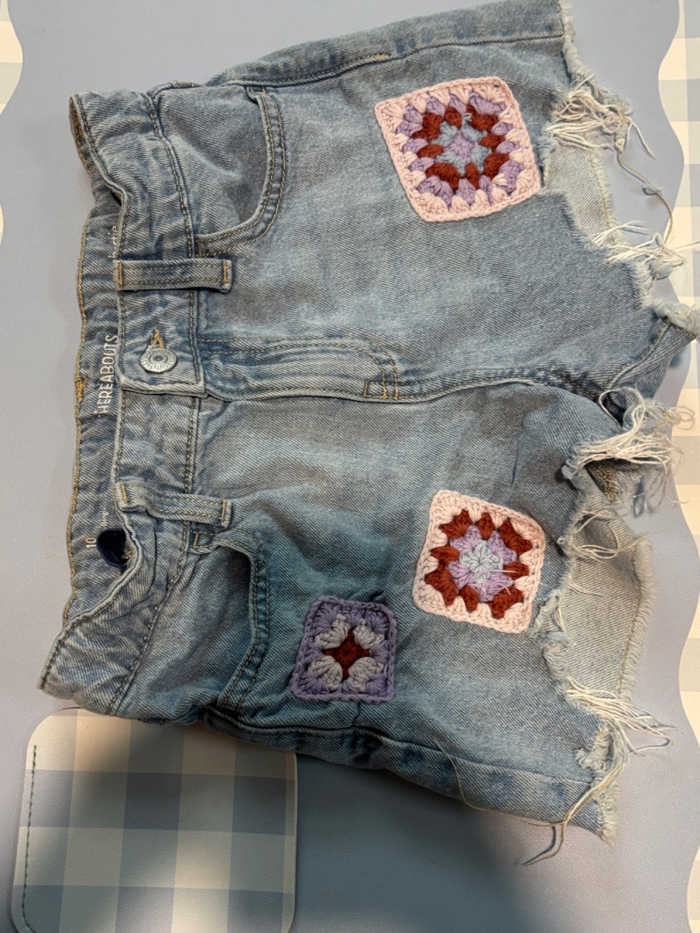Light Blue Denim Crochet Patch High-Rise Women's Jean Shorts